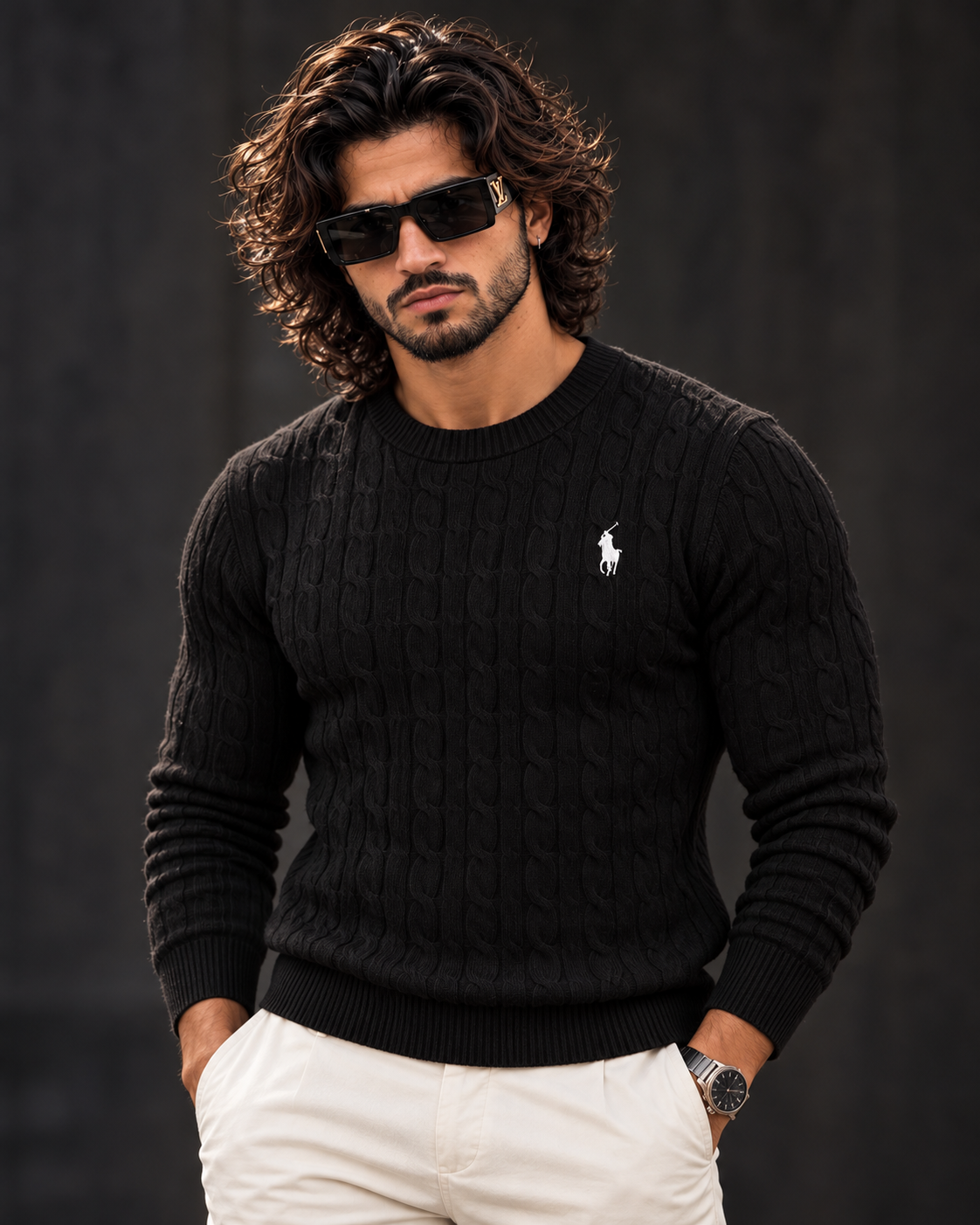 Polo Ralph Lauren cable knit sweater in black, photo 1