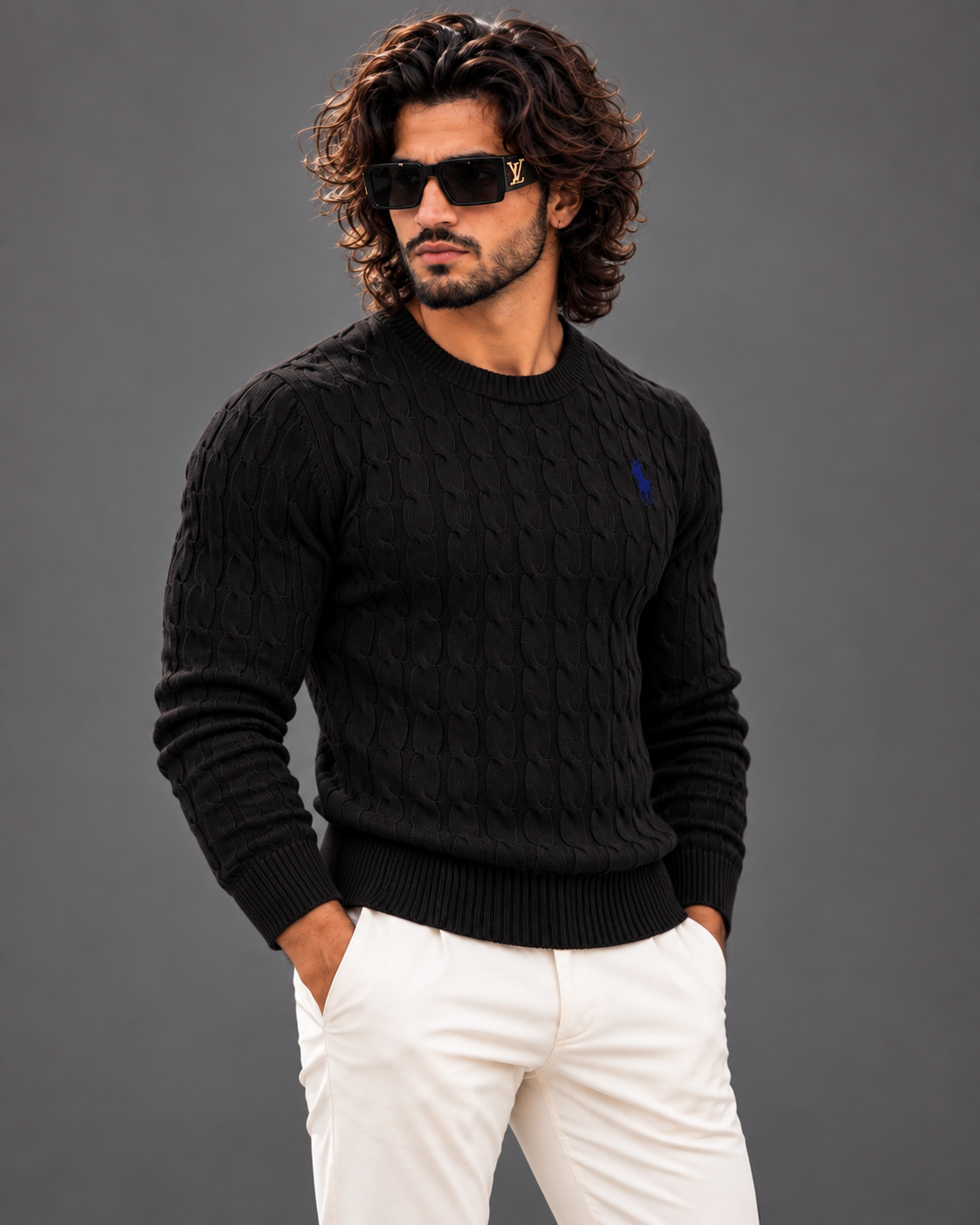 Polo Ralph Lauren cable knit sweater in black, photo 4