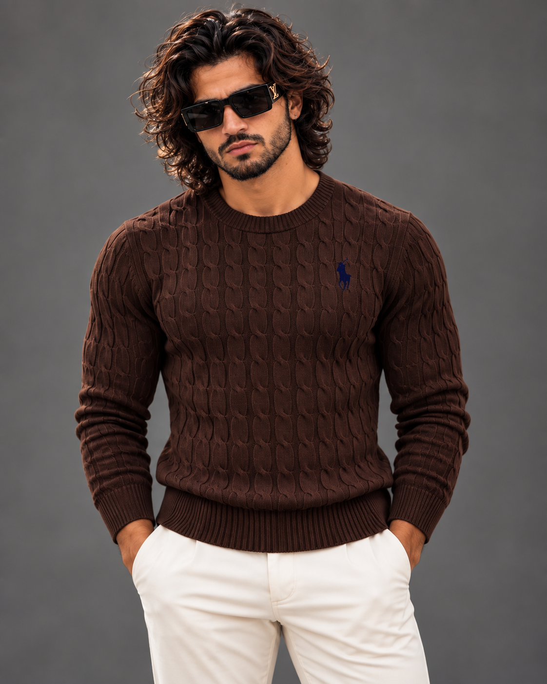 Polo Ralph Lauren cable knit sweater in chocolate brown, photo 2