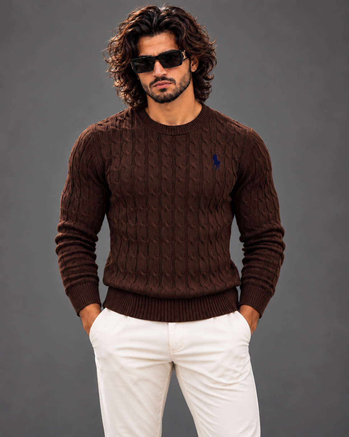 Polo Ralph Lauren cable knit sweater in chocolate brown, photo 3