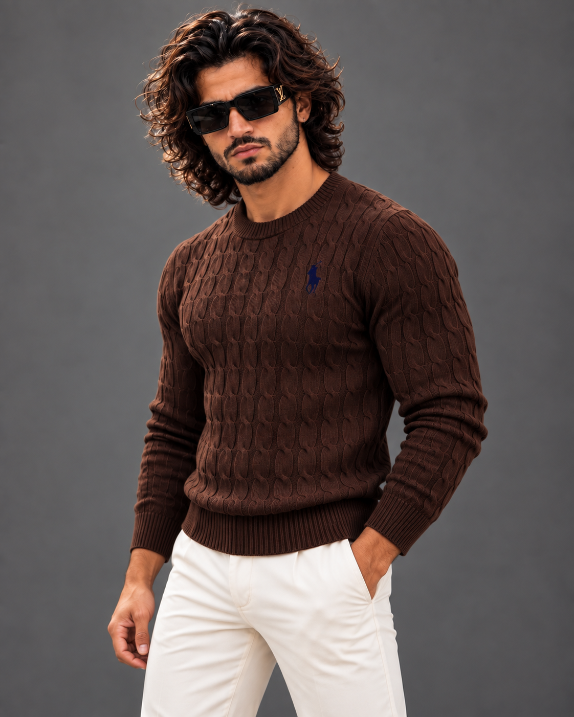 Polo Ralph Lauren cable knit sweater in chocolate brown, photo 4