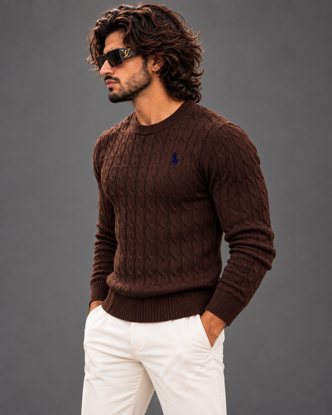 Polo Ralph Lauren cable knit sweater in chocolate brown, photo 5
