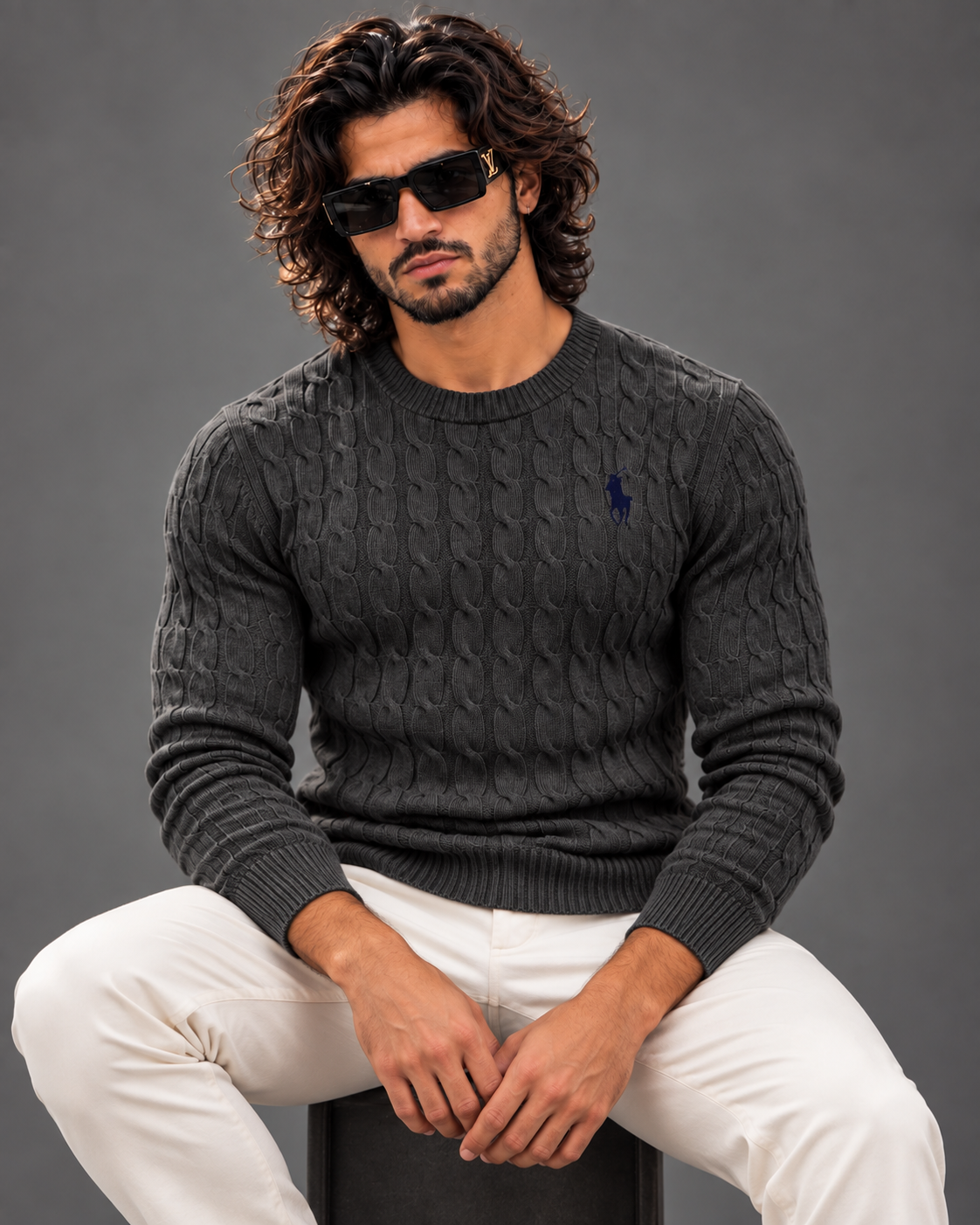 Polo Ralph Lauren cable knit sweater in charcoal grey, photo 1